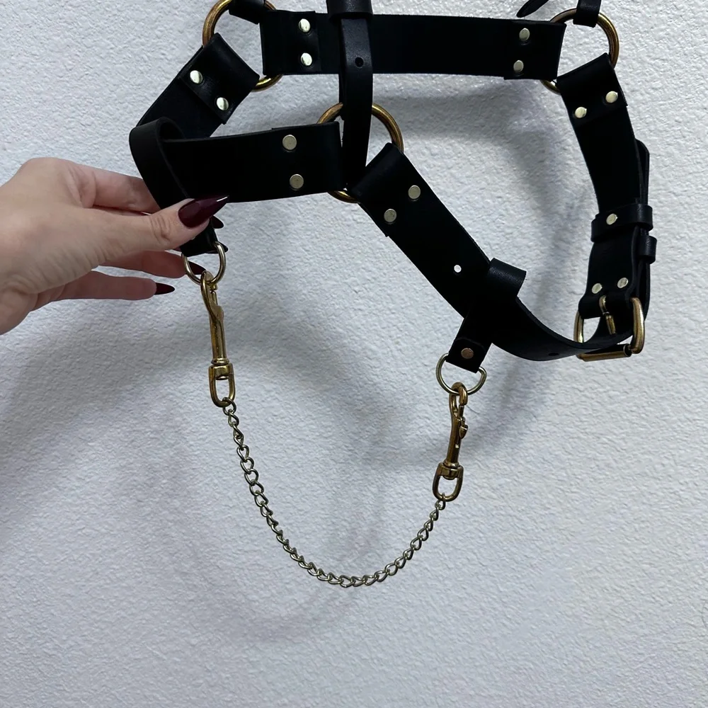 Black Leather Harness Belt with Gold Chain Accent